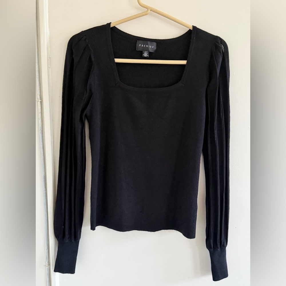 Premise Square Neck Sheer Mesh Sleeves black Long Sleeves Top Shirt size S